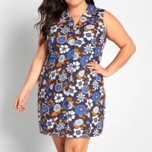 ModCloth *Flawed Coasting Along Sleeveless Retro Linen Dress Blue Mod Print - 16